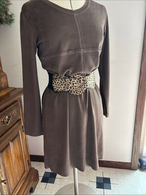 Oh Taupe Long-Sleeve Shift Dress with Leopard Buckle Waist. Brand is JOH.